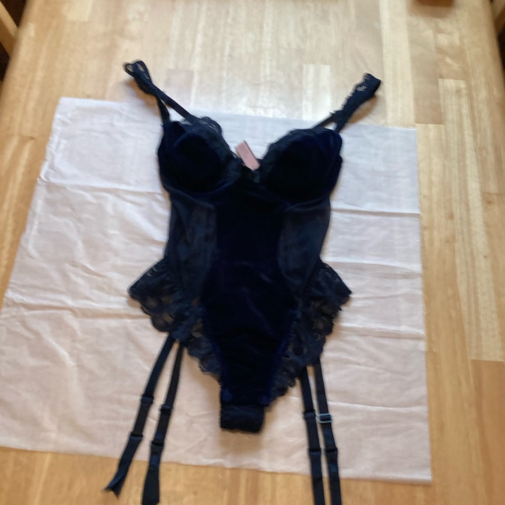 Victorias Secret Navy Velvet Teddie with Garters
